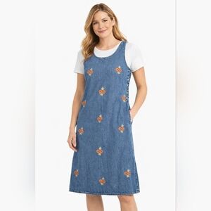 Vintage Denim Petite Sophisticates Embroidered Floral Dress Jumper Overall‎ Y2k